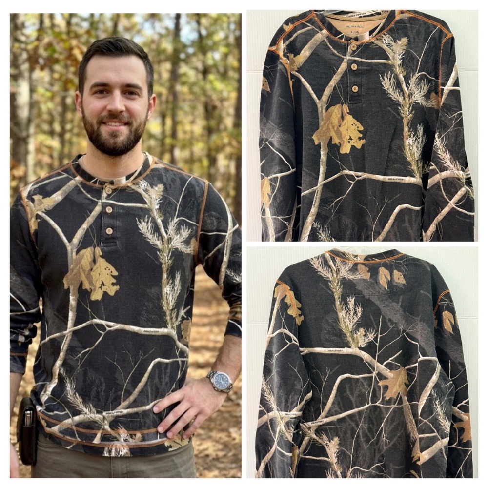 Realtree Mens XL Waffle Knit Henley Shirt Camo Long Sleeve Thermal Orange Stitch